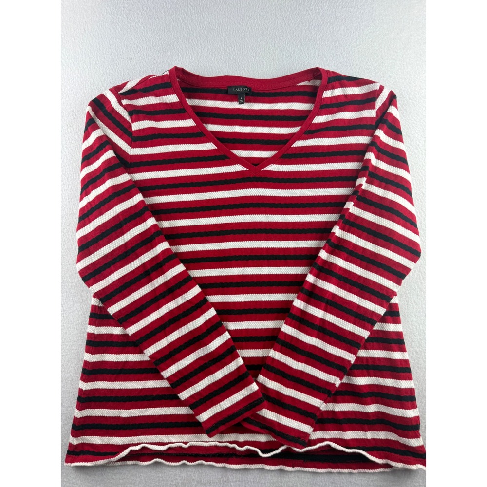 Talbots Womens Red White Blue Striped Waffle Knit V-Neck Long Sleeve Top Large